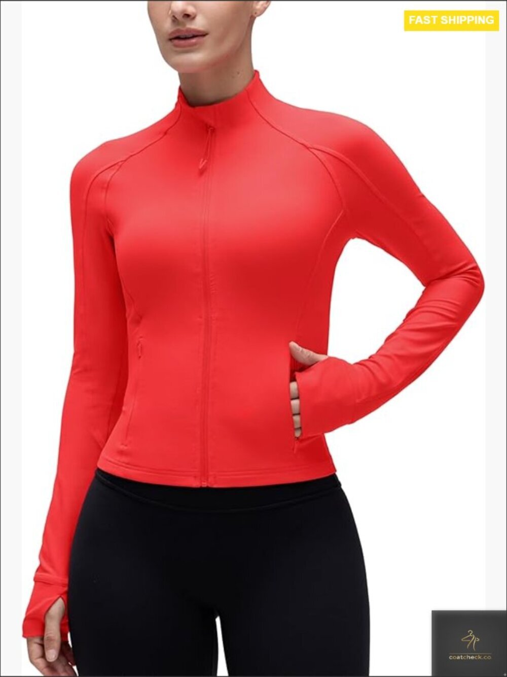 Slim Fit Waist Length Full Zip Athletic Jacket with Thumb Holes Pockets